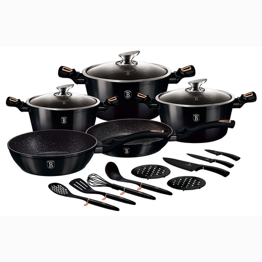 Batería Cocina Inducción 17 Piezas, Antiadherente Mármol Sin Pfoa, Aluminio, Cazuelas Sartenes Berlinger Haus Shyny Black Negro_0