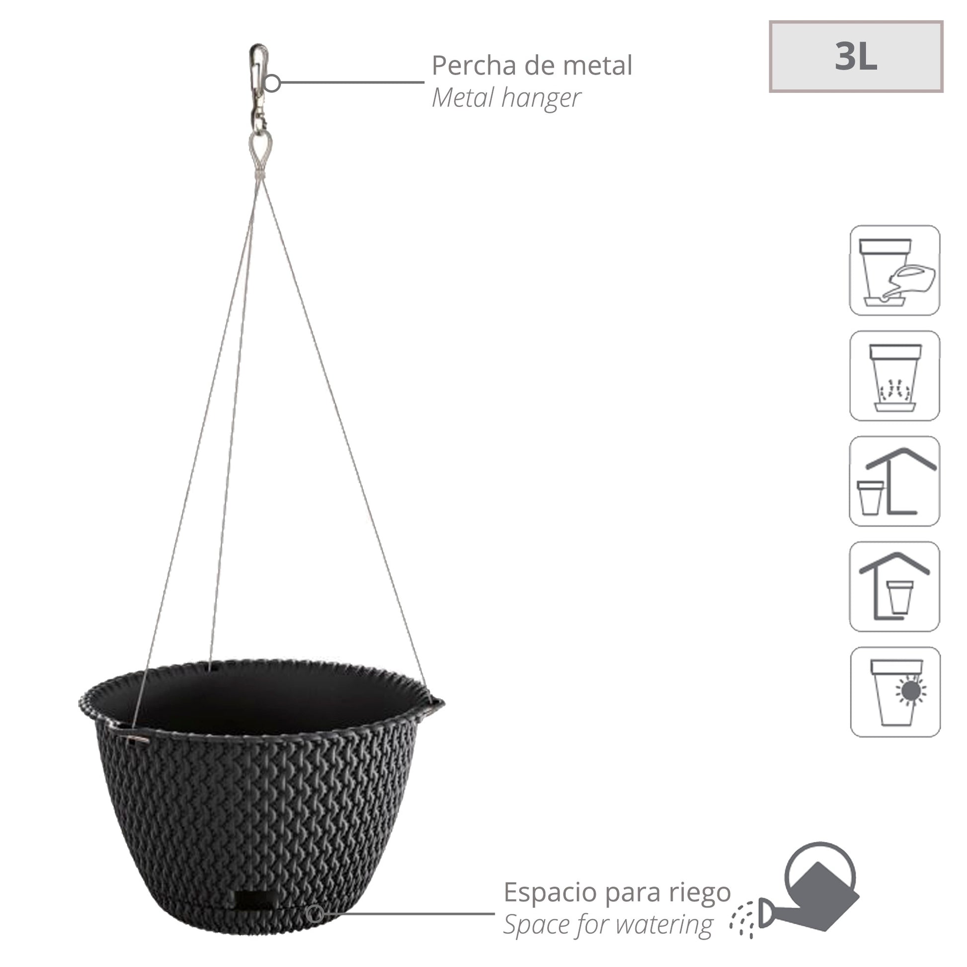 2x Maceta Redonda Colgante 3l Prosperplast Splofy De Plastico En Color Antracita, Ø23 X 14,5 Cm_1