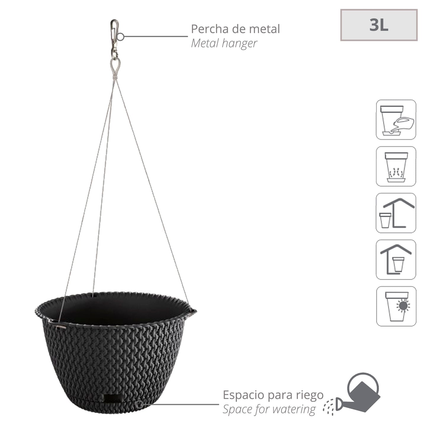 Maceta Redonda Colgante 3l Prosperplast Splofy De Plastico En Color Antracita, Ø23 X 14,5 Cm_1