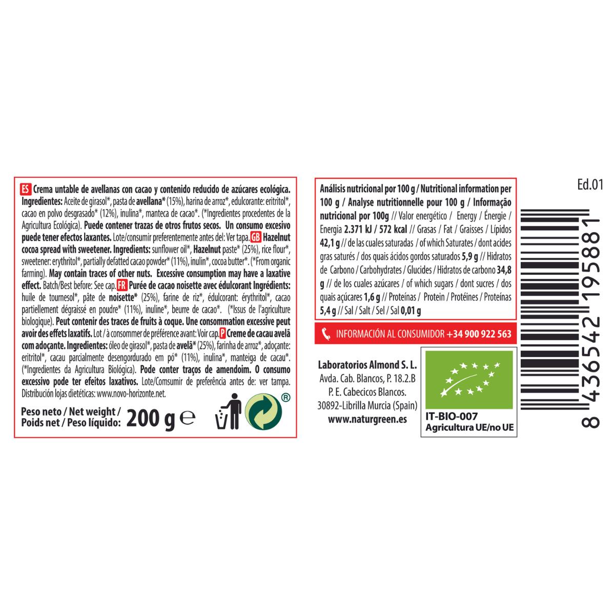 Creme de Avelã e Cacau teor reduzido de açúcar Naturgreen 200 g