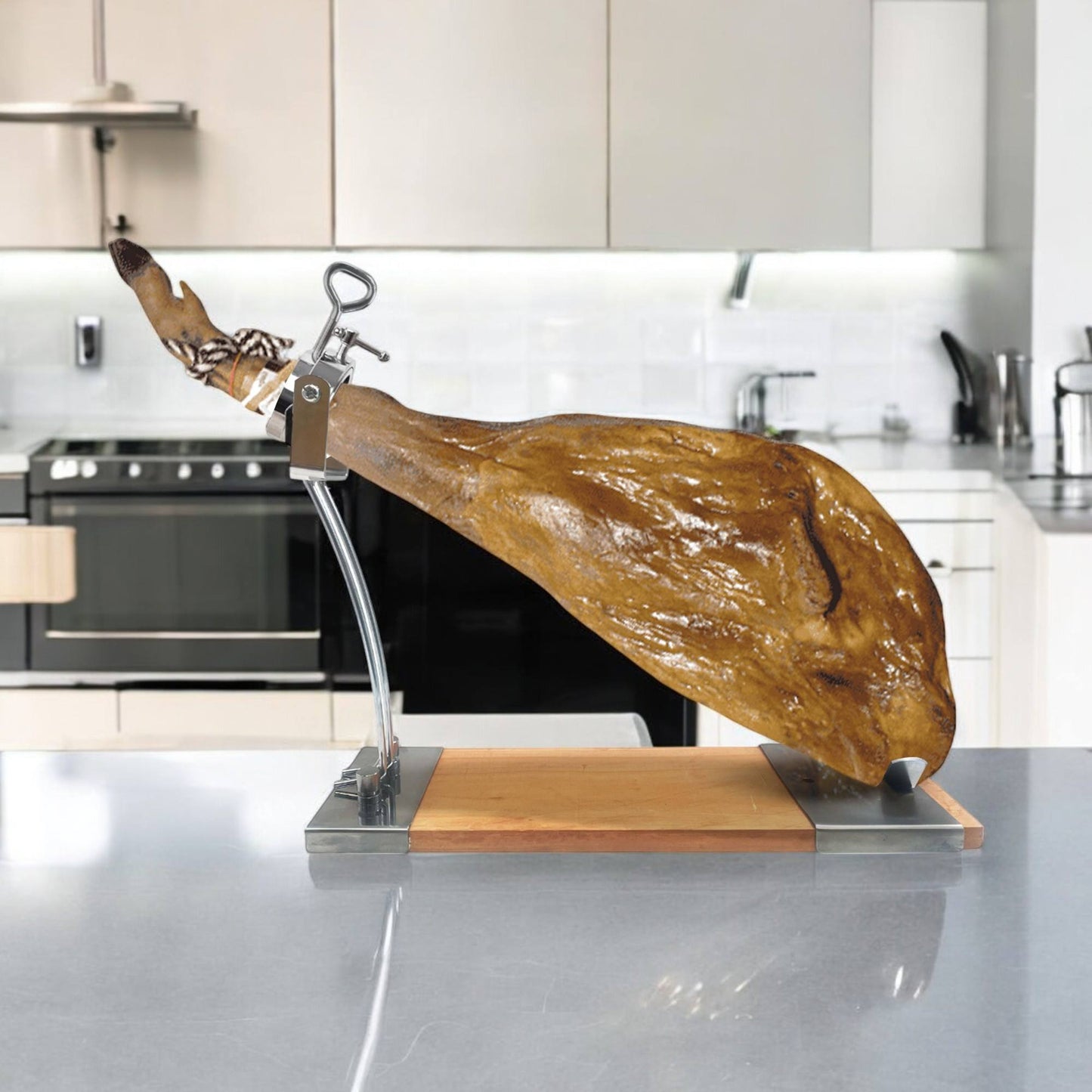 Well Home Jamonero Iberia Luxe Con Cabezal Giratorio, Base De Madera Y Acabados En Acero Inoxidable_3