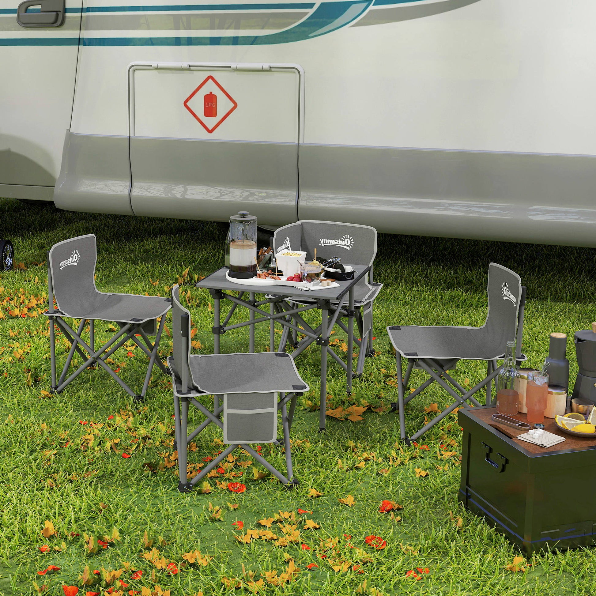 Outsunny Conjunto De Mesa Y Sillas De Camping Plegables Con Bolsillos Laterales_1