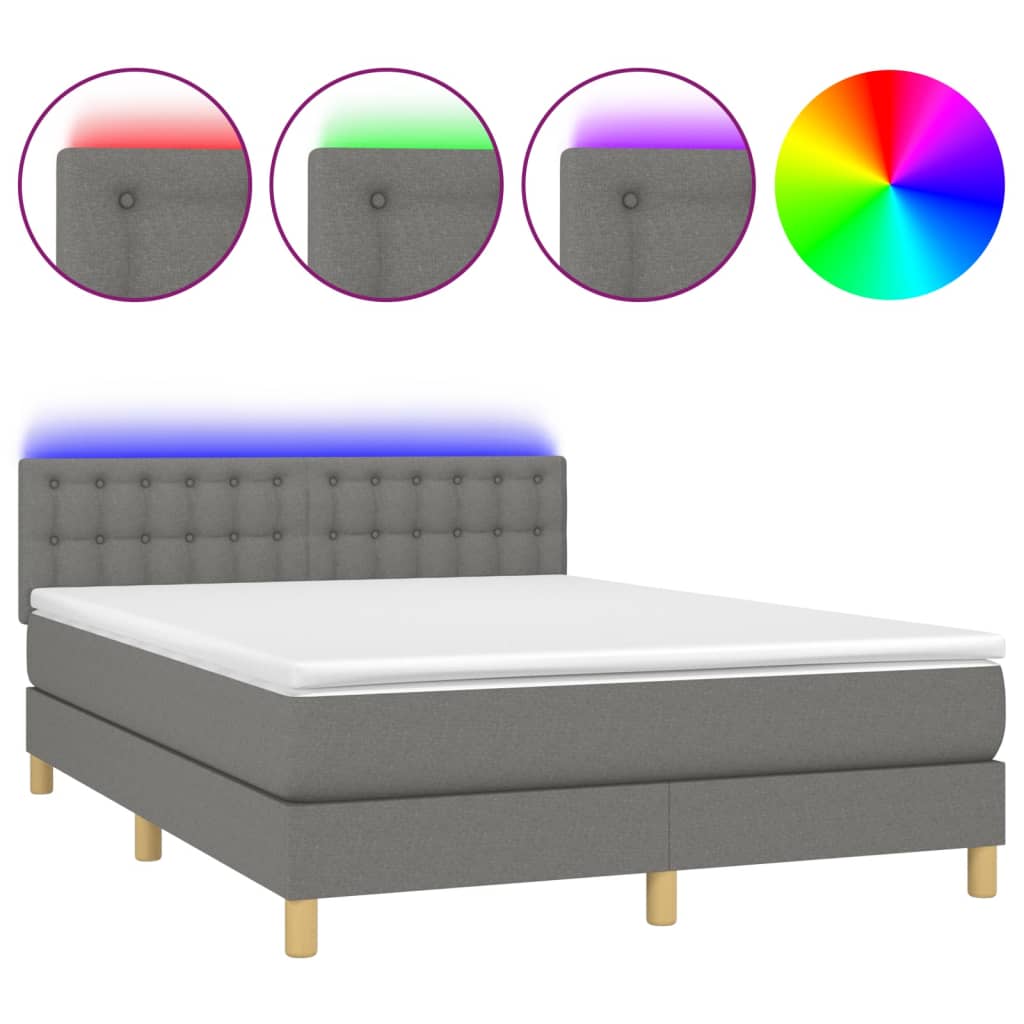 Cama Box Spring Colchón Y Luces Led Tela Gris Oscuro 140x200 Cm / Vetonek_0