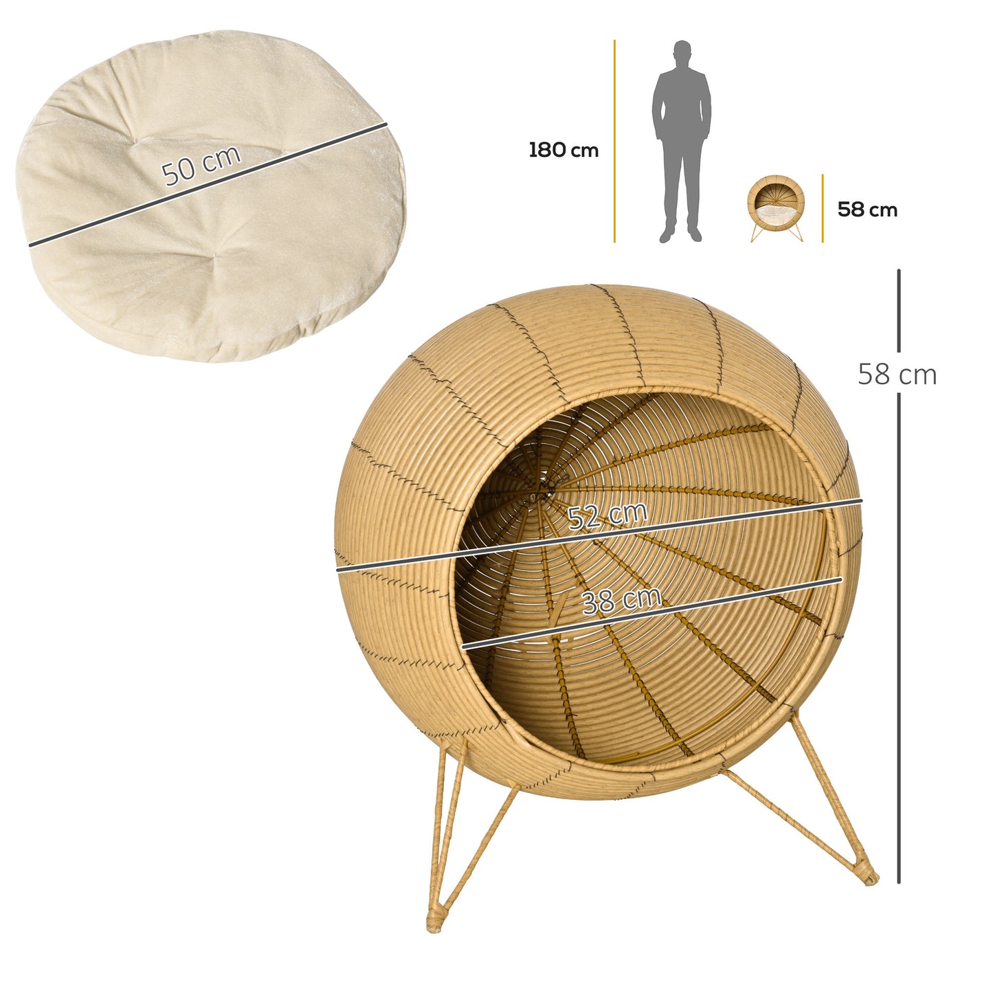 Pawhut Cama De Ratán Para Gatos Con Cojín Acolchado Y Base Trípode Elevado_2