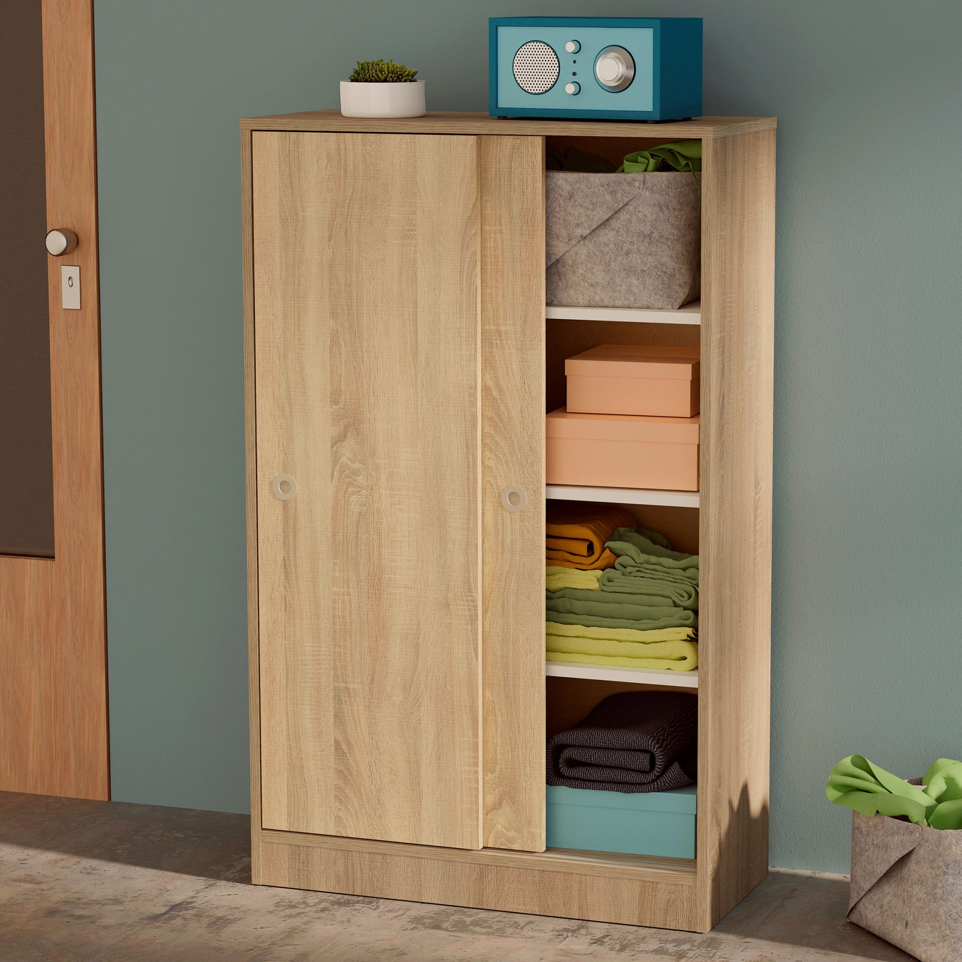 Armario Dormitorio, Multiusos, Baño, Mueble Cocina, Zapatero 2 Puertas Correderas 120x74x33 Cm, Briebe, Nova, Madera_1