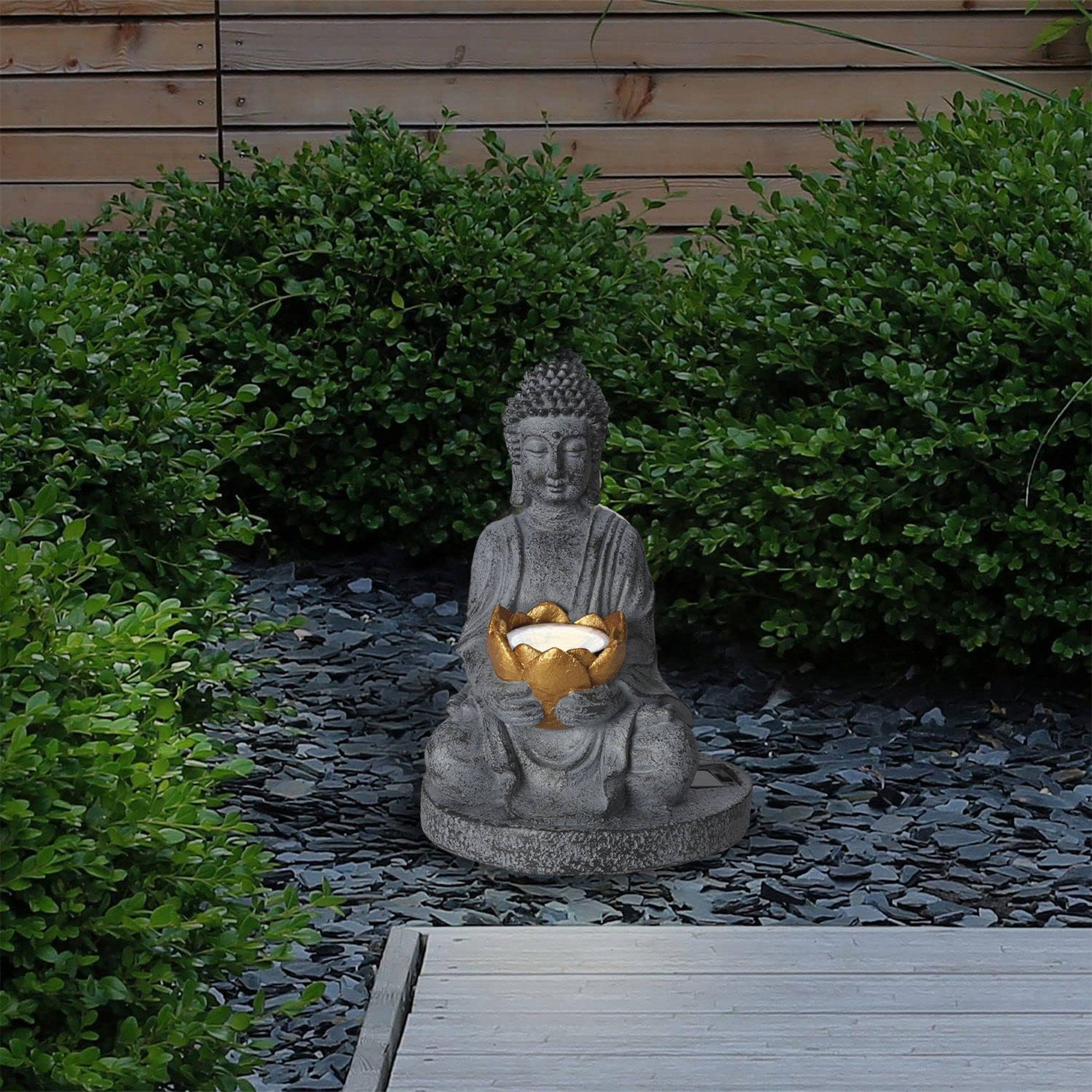 Luz Solar De Buda Polystone Oro Oxidado Ø17x25cm_2