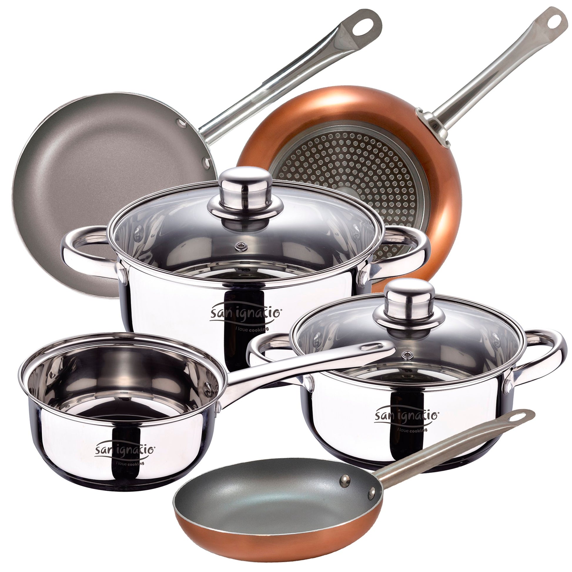 Bateria De Cocina 5 Piezas San Ignacio Cassel De Acero Inoxidable Con Juego De Sartenes (18/22/26 Cm) San Ignacio Optimum Plus En Aluminio Prensado