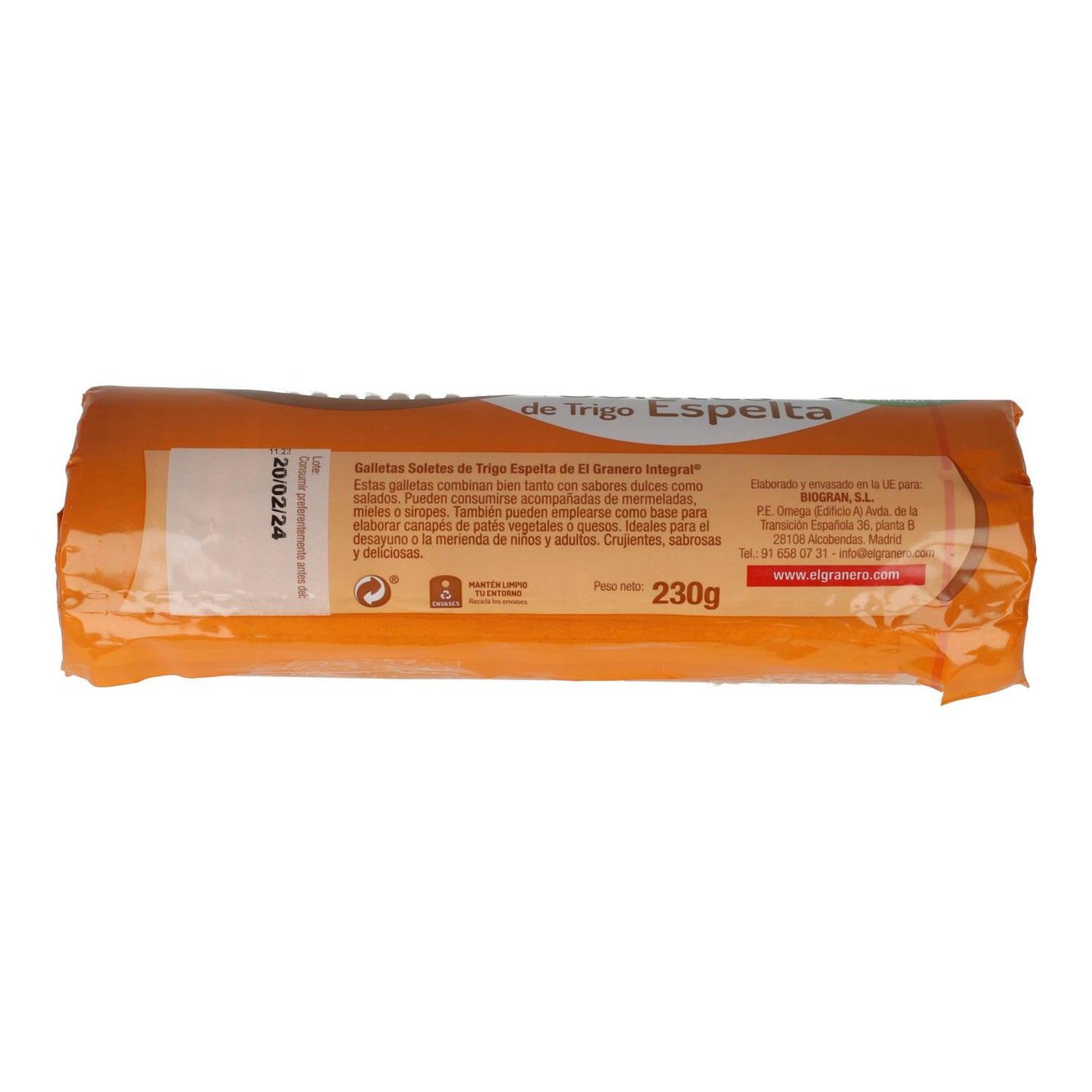 Bolachas de trigo espelta biológica El Granero Soletes, 230g