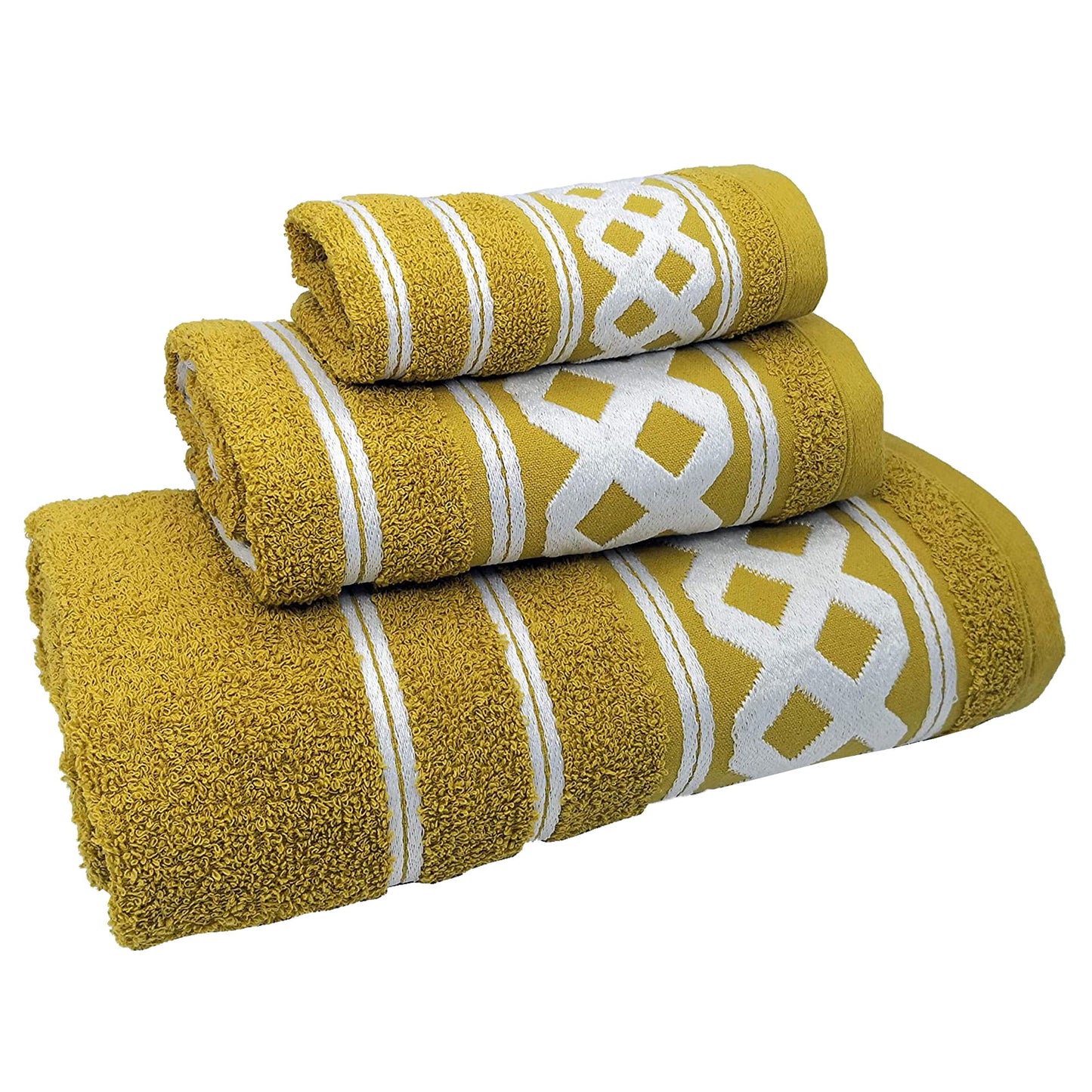 Juego De 3 Toallas De Baño De Algodón De Rizo 450 Gr/m2, De 50x30; 100x50; 150x100 Cm, Color Mostaza De La Colección Diamante_3