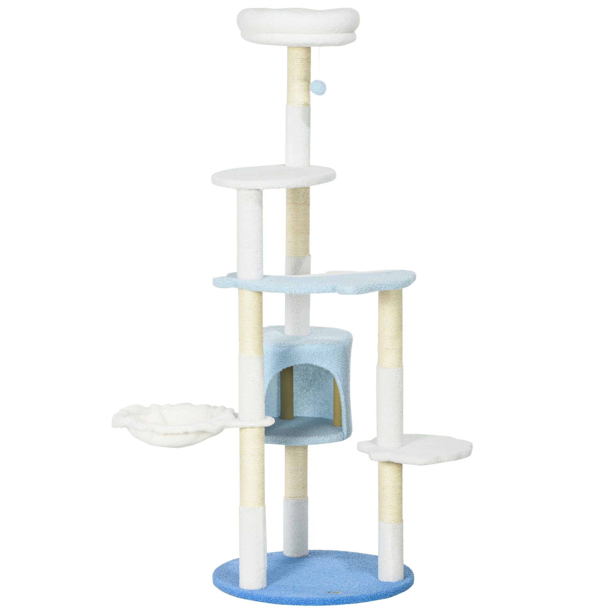 Pawhut Árbol Rascador Para Gatos Grandes De 155 Cm Con Cama Hamaca Blanco Y Azul_0