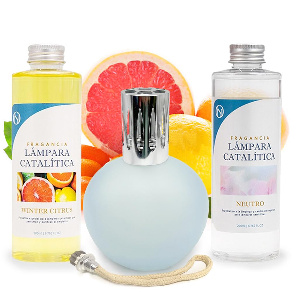 Pack Lámpara Catalítica Azul Grisáceo Mate + Fragancia Winter Citrus 500ml + Limpiador Neutro 200ml + Mecha Repuesto_0