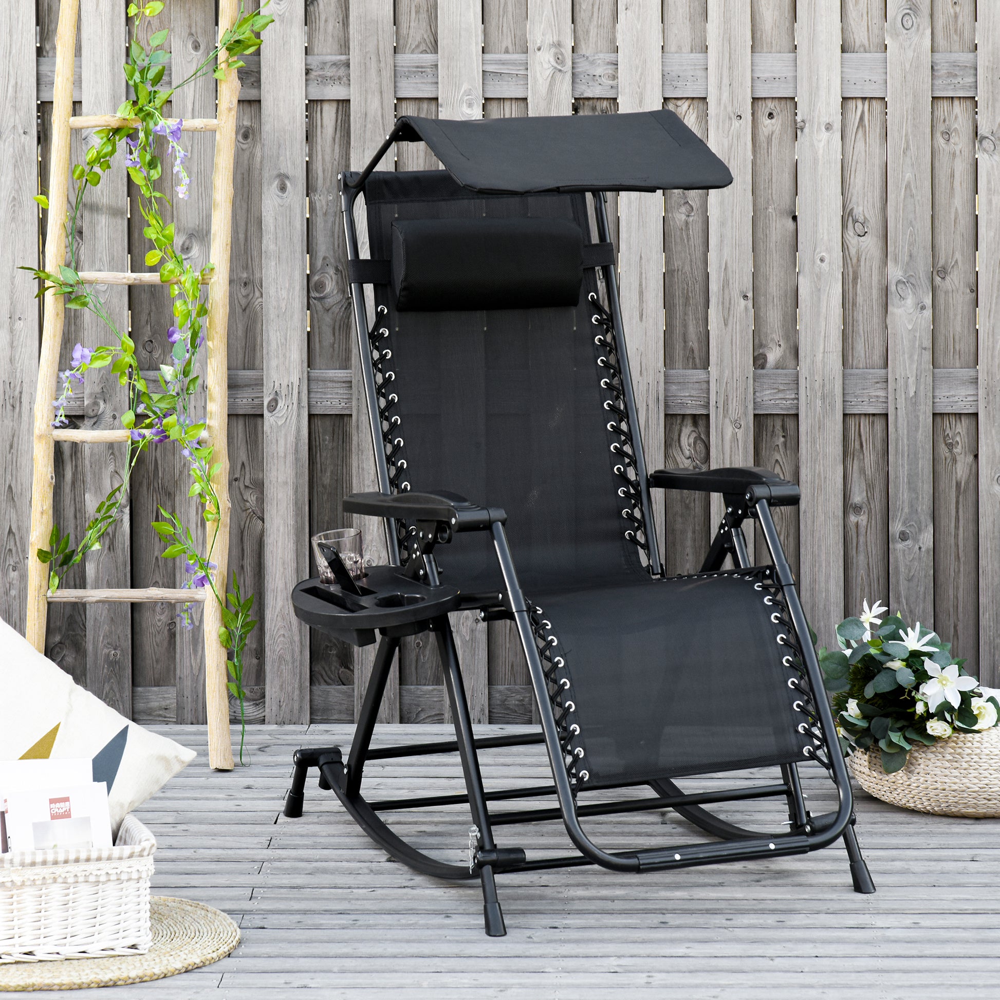 Outsunny Silla Mecedora De Jardín Plegable Con Techo Reposacabezas Extraíble_1