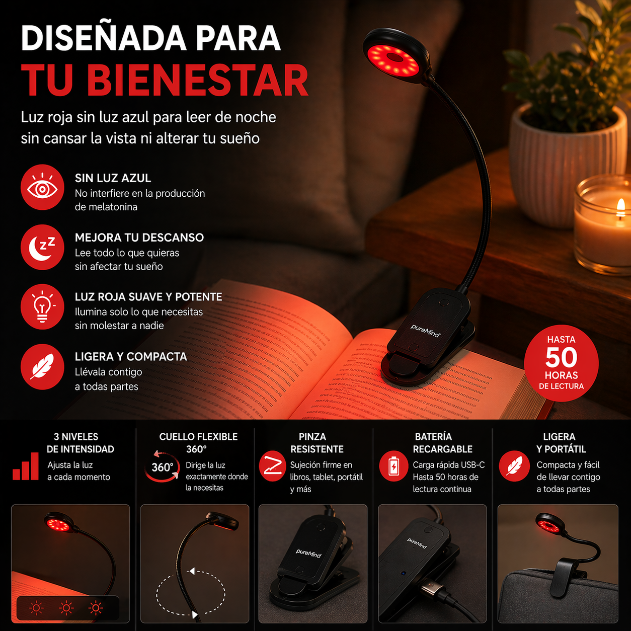 Lámpara De Luz De Lectura Roja_3