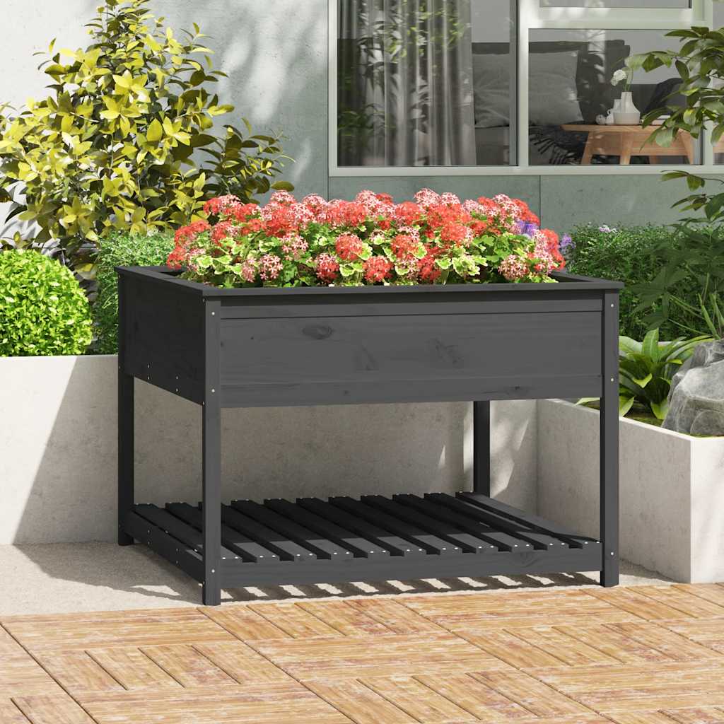 Jardinera Con Estante Madera Maciza Pino Gris 111,5x111,5x81 Cm_1