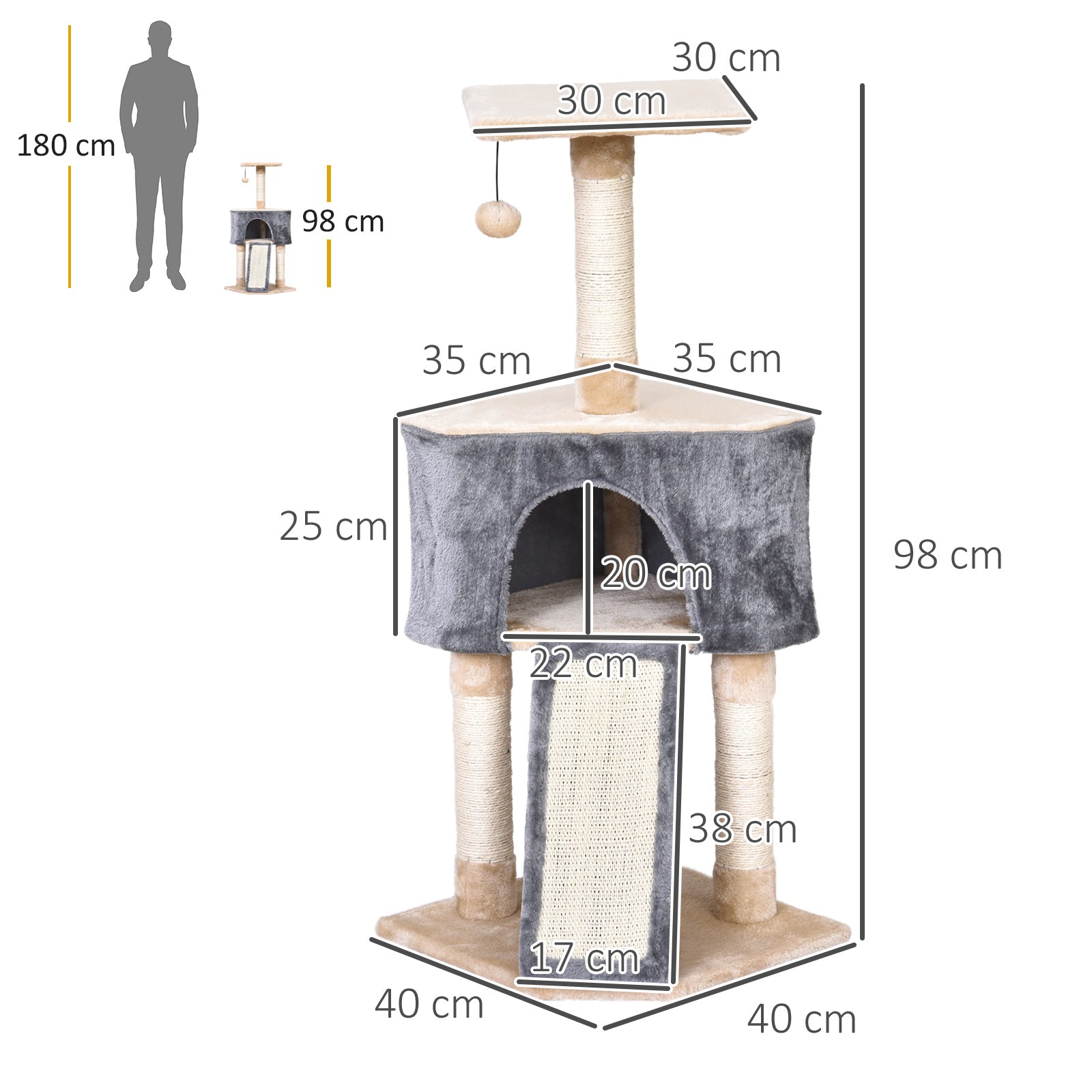 Pawhut Árbol Rascador Para Gatos 40x40x98 Cm Cueva Juguete Colgante Rampa Postes_2