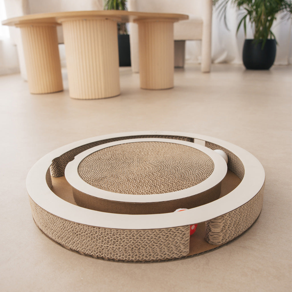 Juguete Interactivo Rascador Para Gatos Con Cartón Corrugado Y Pelotas Giratorias_1