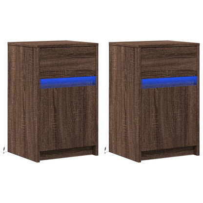 Mesitas De Noche Luces Led 2 Uds Madera Ingeniería Roble Marrón_1