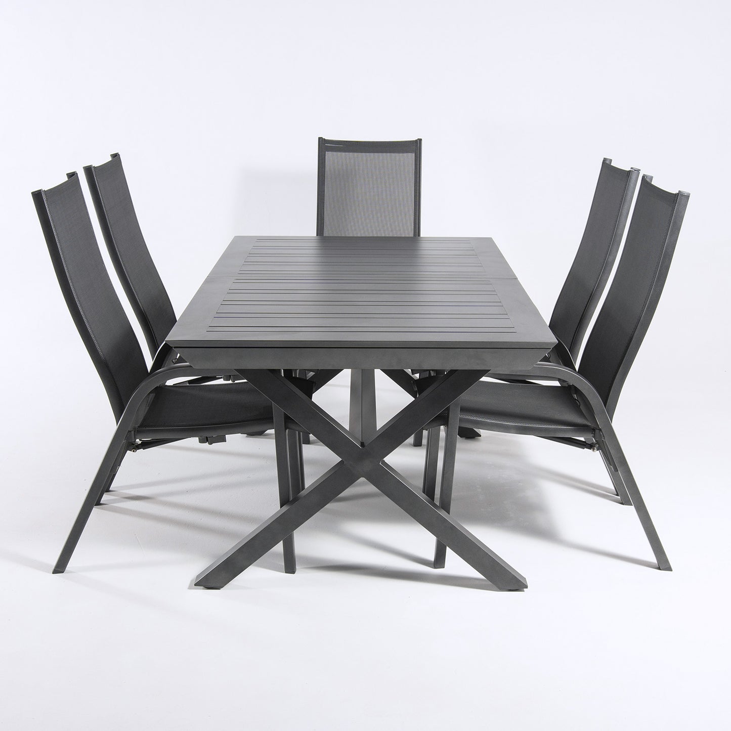 Conjunto Mesa Exterior Extensible 170/240 Y 6 Sillones Reclinables, Aluminio Antracita, Textilene Plata Y Negro, 6 Plazas_3