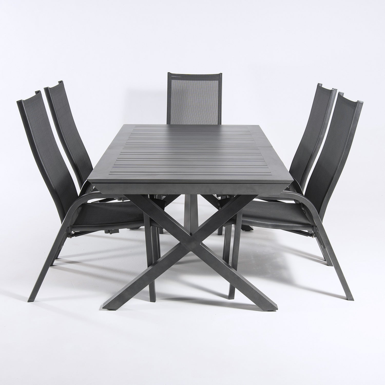 Conjunto Mesa Exterior Extensible 170/240 Y 6 Sillones Reclinables, Aluminio Antracita, Textilene Plata Y Negro, 6 Plazas_3