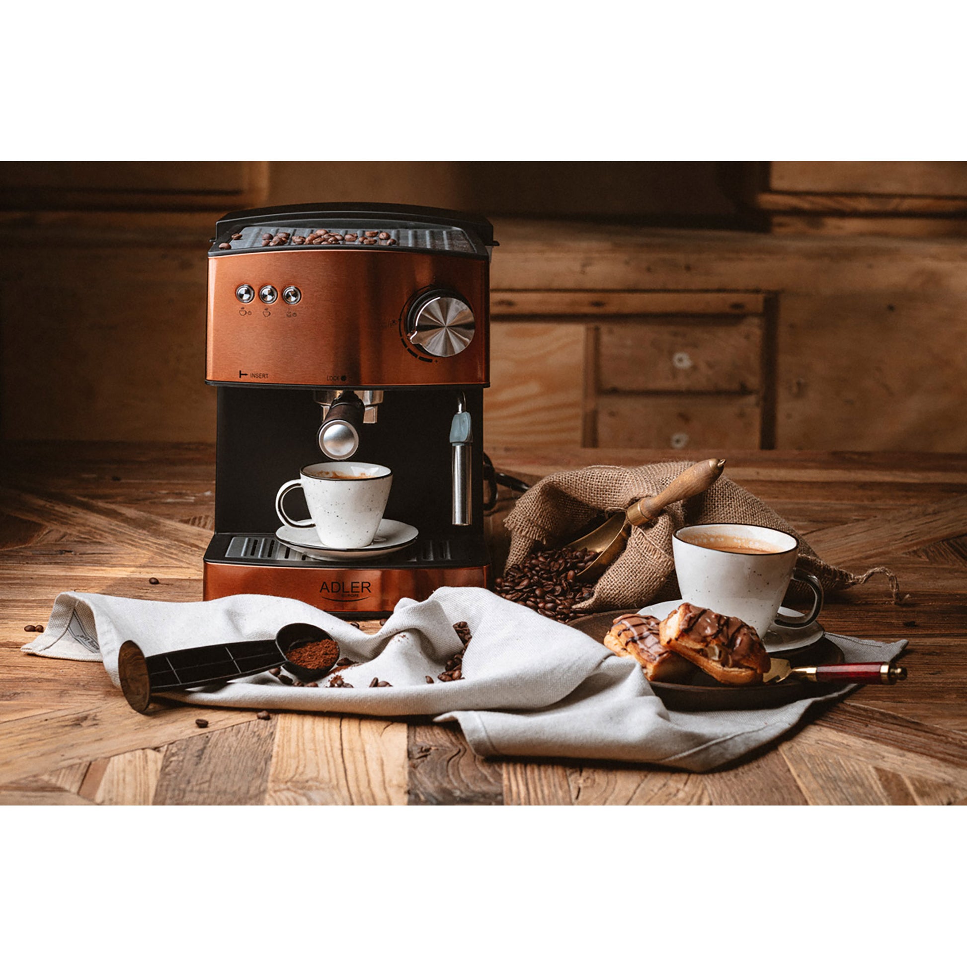 Cafetera Espresso Manual 15 Bares 1,6 L, Brazo Doble Salida, Espumador Leche, Calientatazas Adler Ad4404cr Cobre_1