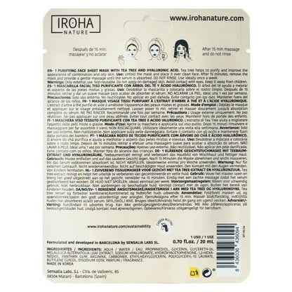 Máscara de tecido purificante Iroha Nature com árvore do chá 20 ml
