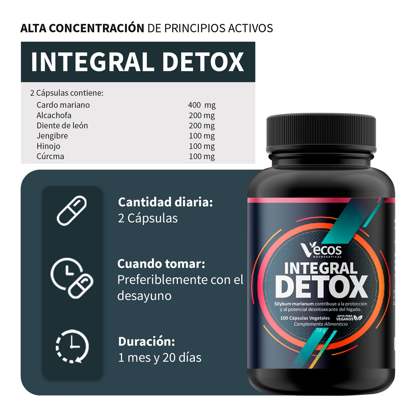 Integral Detox VECOS 100 cápsulas | Para la Retención de Líquidos e Hinchazón | Cardo Mariano + Alcachofa_2
