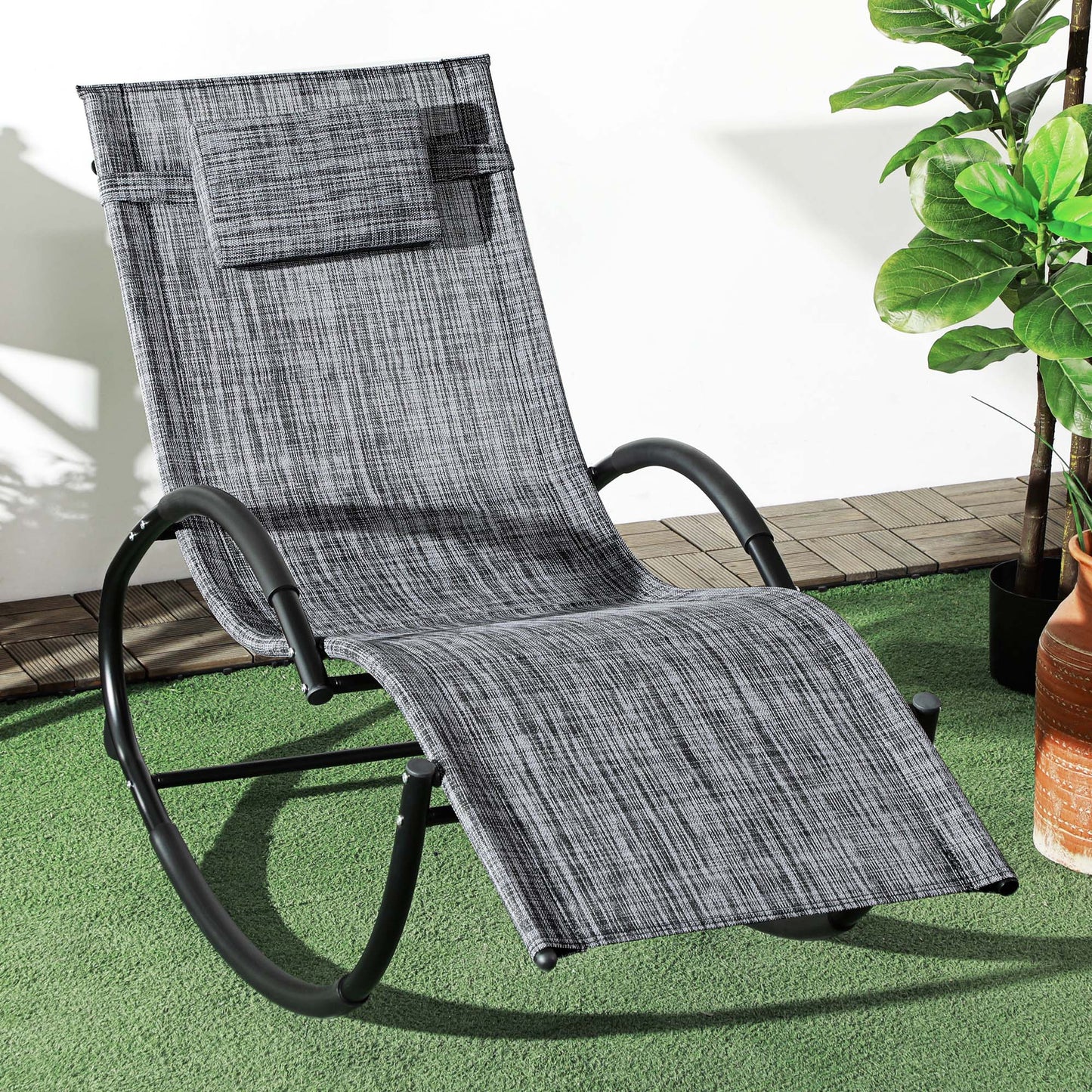 Outsunny Mecedora De Exterior Con Reposacabezas Reposabrazos 155x61x88 Cm Gris_1