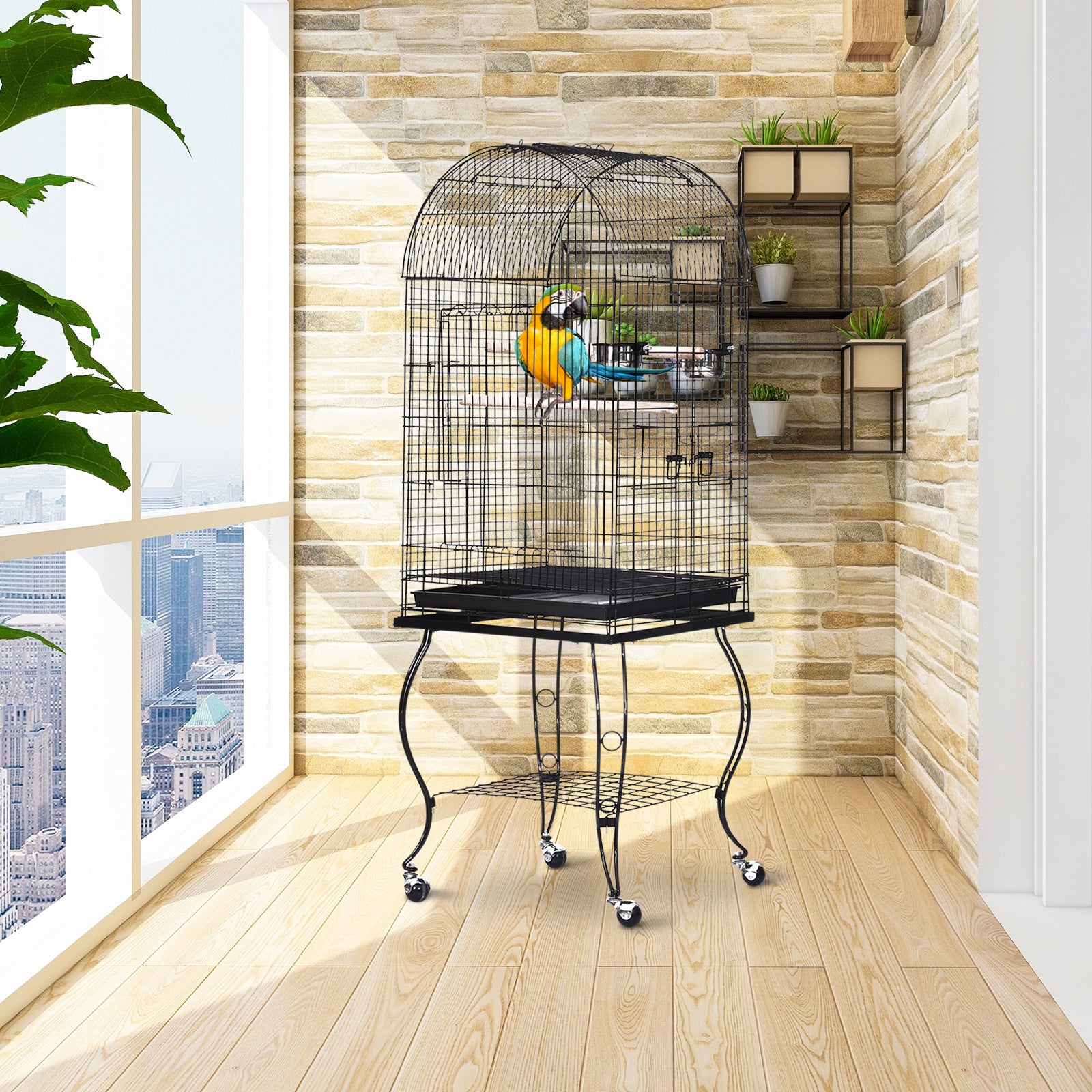 Pawhut Jaula Para Pájaros Con Soporte Con Ruedas Bandeja Extraíble Y 2 Comederos_1