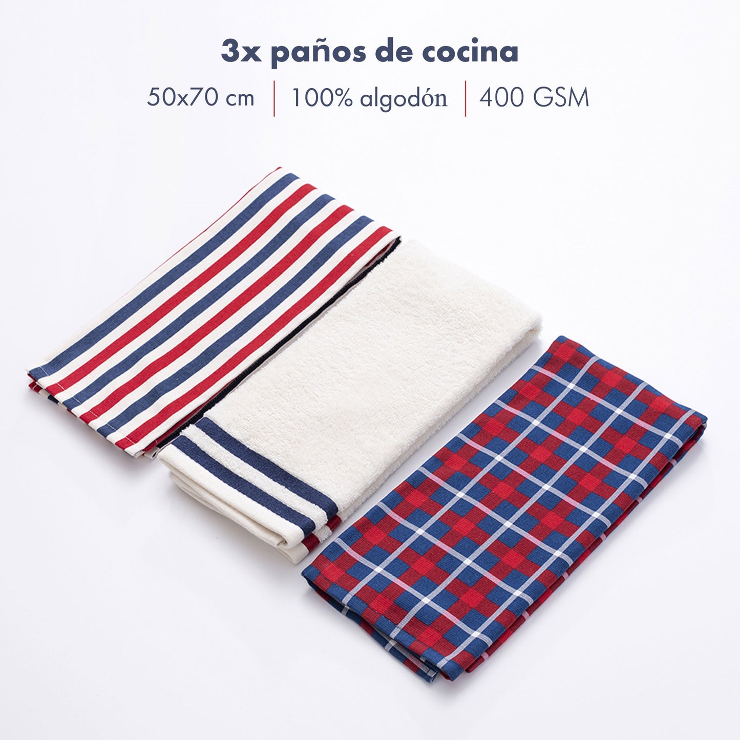 Set 3pzs Paños De Cocina 50x70cm 400gsm 100%algodón Teñido El Ganso_1