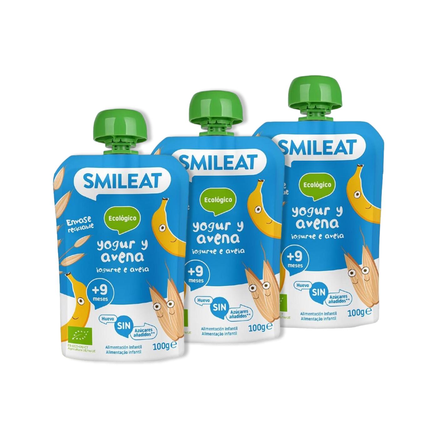 Embalagem com 3 saquetas de iogurte biológico e aveia Smileat, 100g