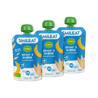 Embalagem com 3 saquetas de iogurte biológico e aveia Smileat, 100g
