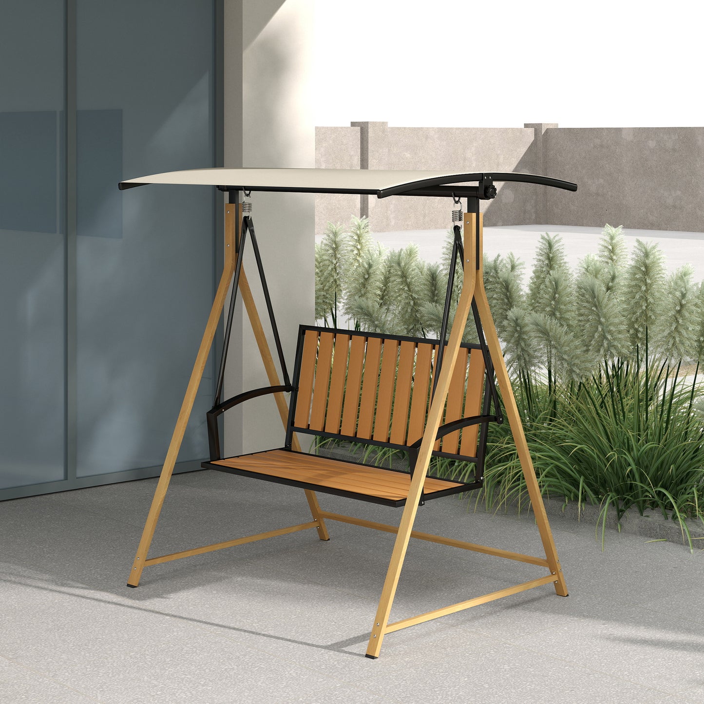 Outsunny Columpio De Jardín De 2 Plazas Con Toldo Ajustable Natural Y Beige_5