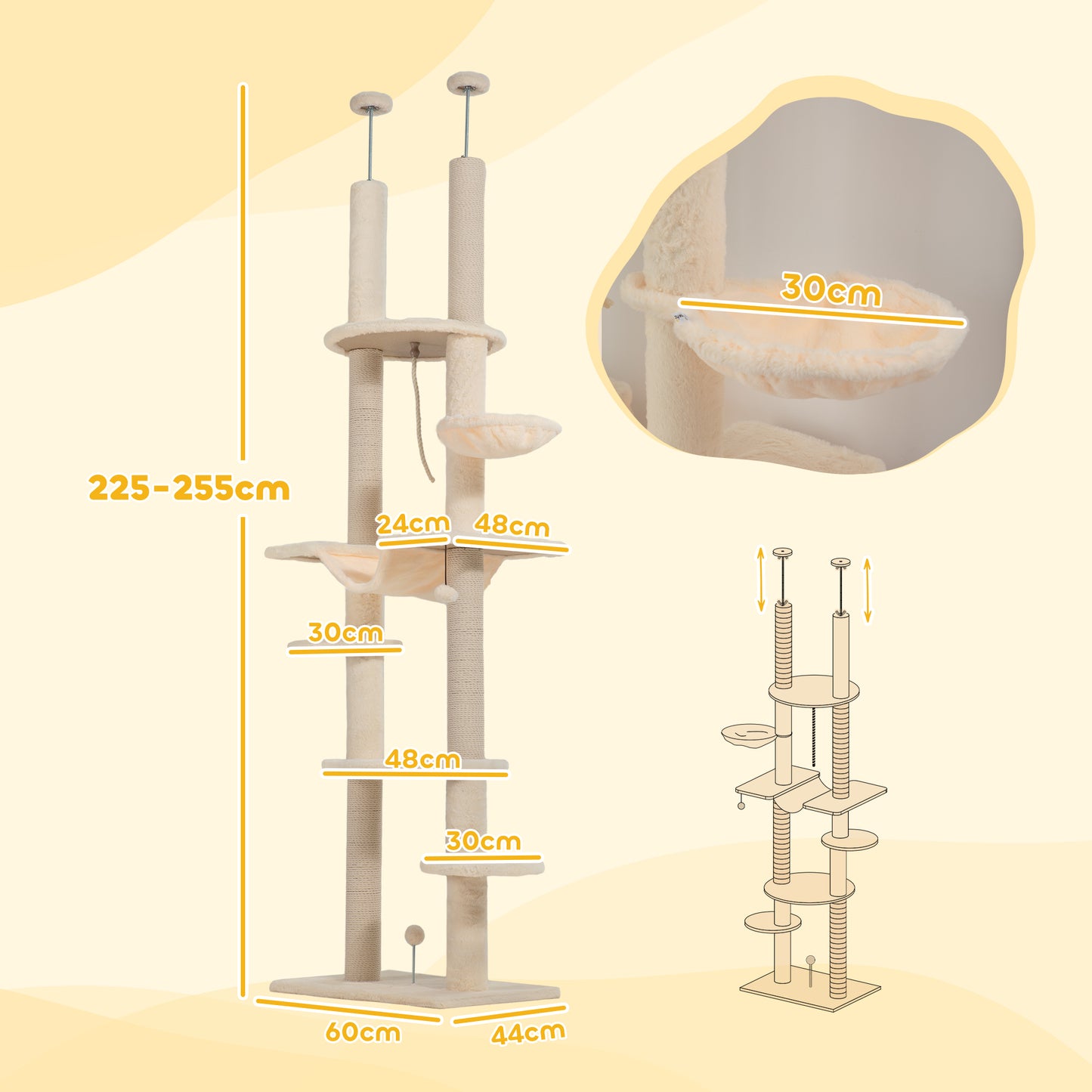 Pawhut Árbol Para Gatos De Suelo A Techo Con Altura Ajustable 225-255 Cm Beige_2