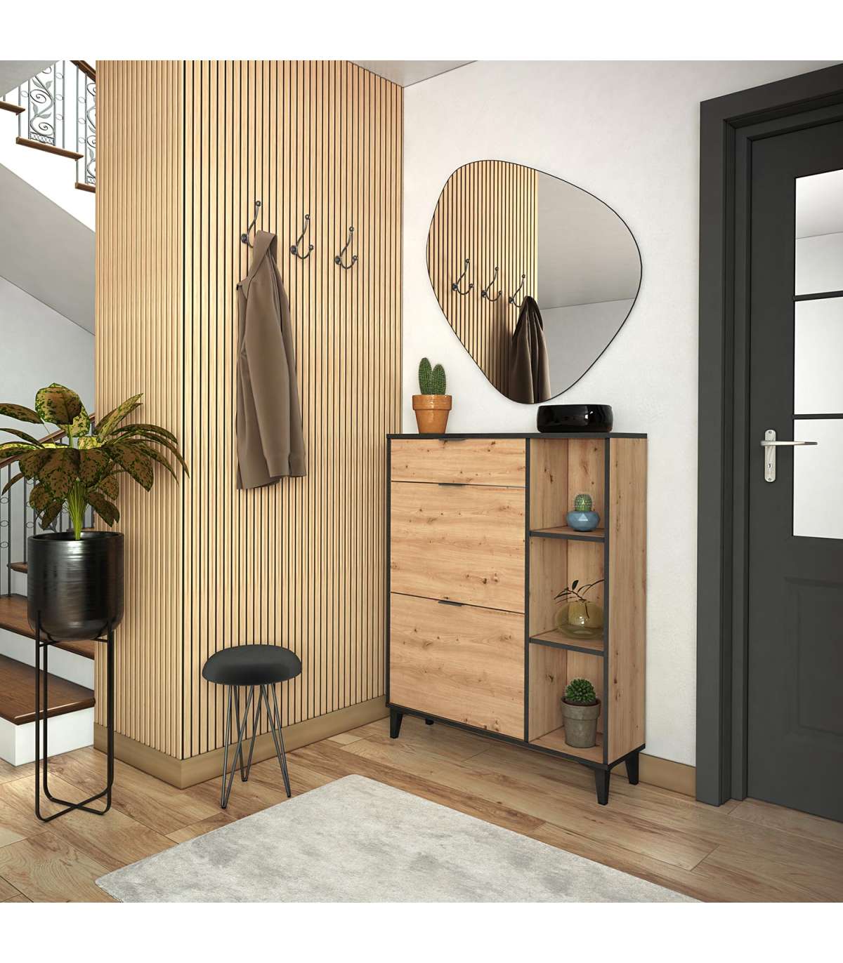 Mueble Zapatero María Con 2 Trampones, 1 Cajón Y Estantes En Roble Albar. 90cm(ancho) 11_2