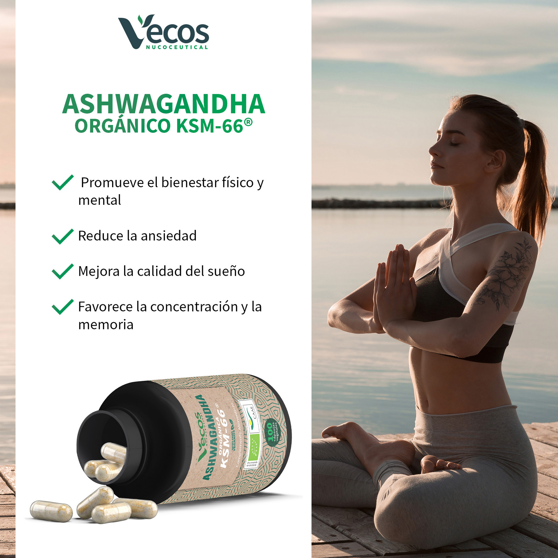 Ashwagandha Orgánica KSM-66 VECOS (100 cápsulas) | Reduce estrés y ansiedad | 600 mg alta concentración_3