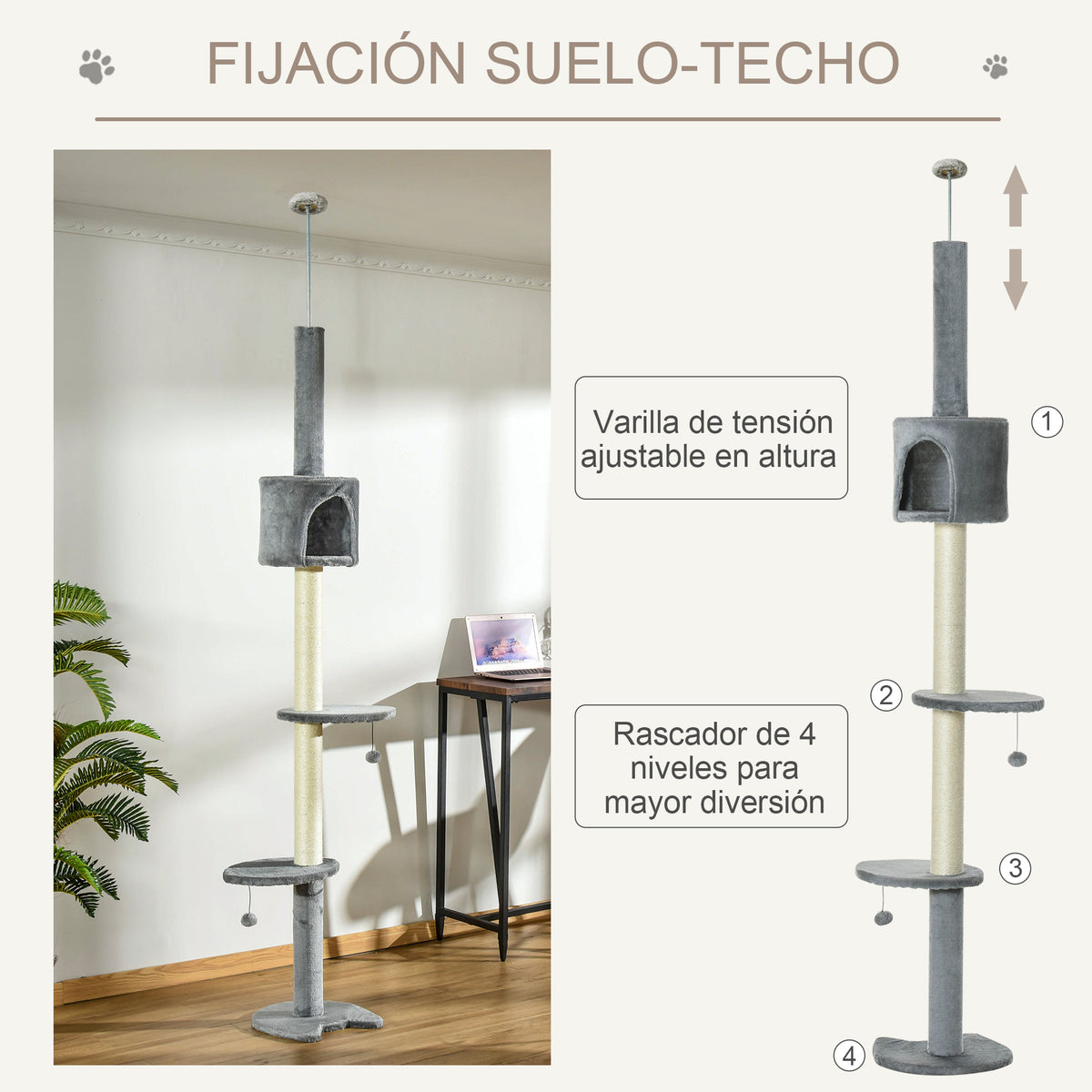 Pawhut Árbol Rascador Para Gatos Altura 255 Cm Cueva Bola Colgante_4