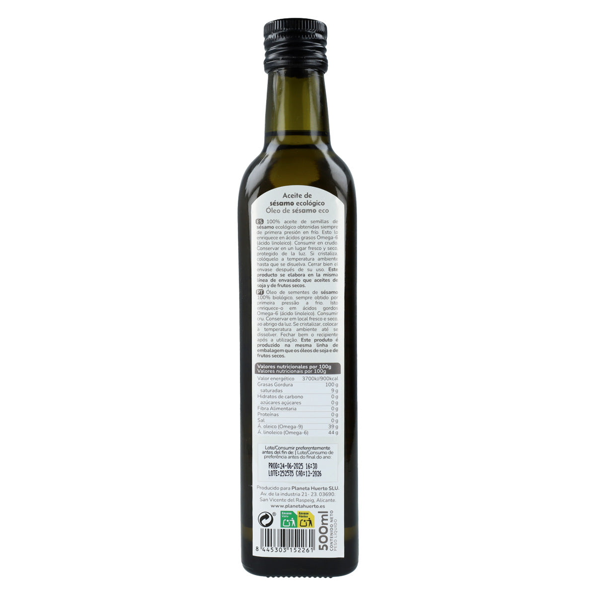 Óleo de Sésamo Prensado a Frio Planeta Huerto ECO 500 ml
