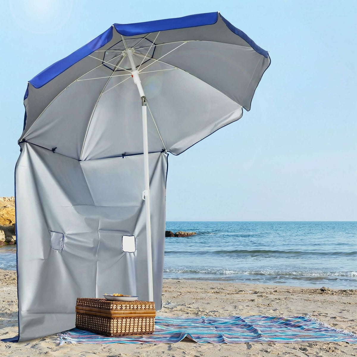 Sombrilla De Playa Outsunny Acero, Poliéster Azul 191x191x211 Cm_1