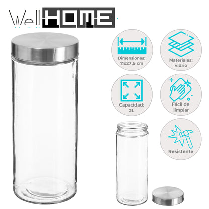 Well Home Tarro Hermético Ø11x27cm De Vidrio Y Acero Inoxidable 2l_1