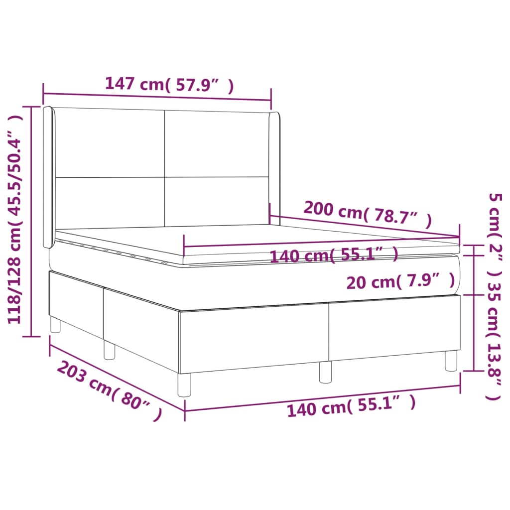 Cama Box Spring Colchón Y Luces Led Tela Negro 140x200 Cm / Vetonek_1
