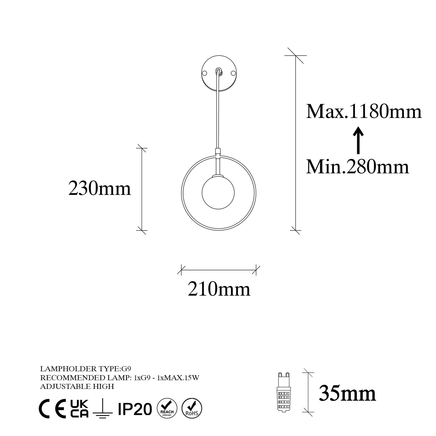 Aplique De Pared, Metal , Negro, 21x15x40, Casquillo G9 Max 10 W