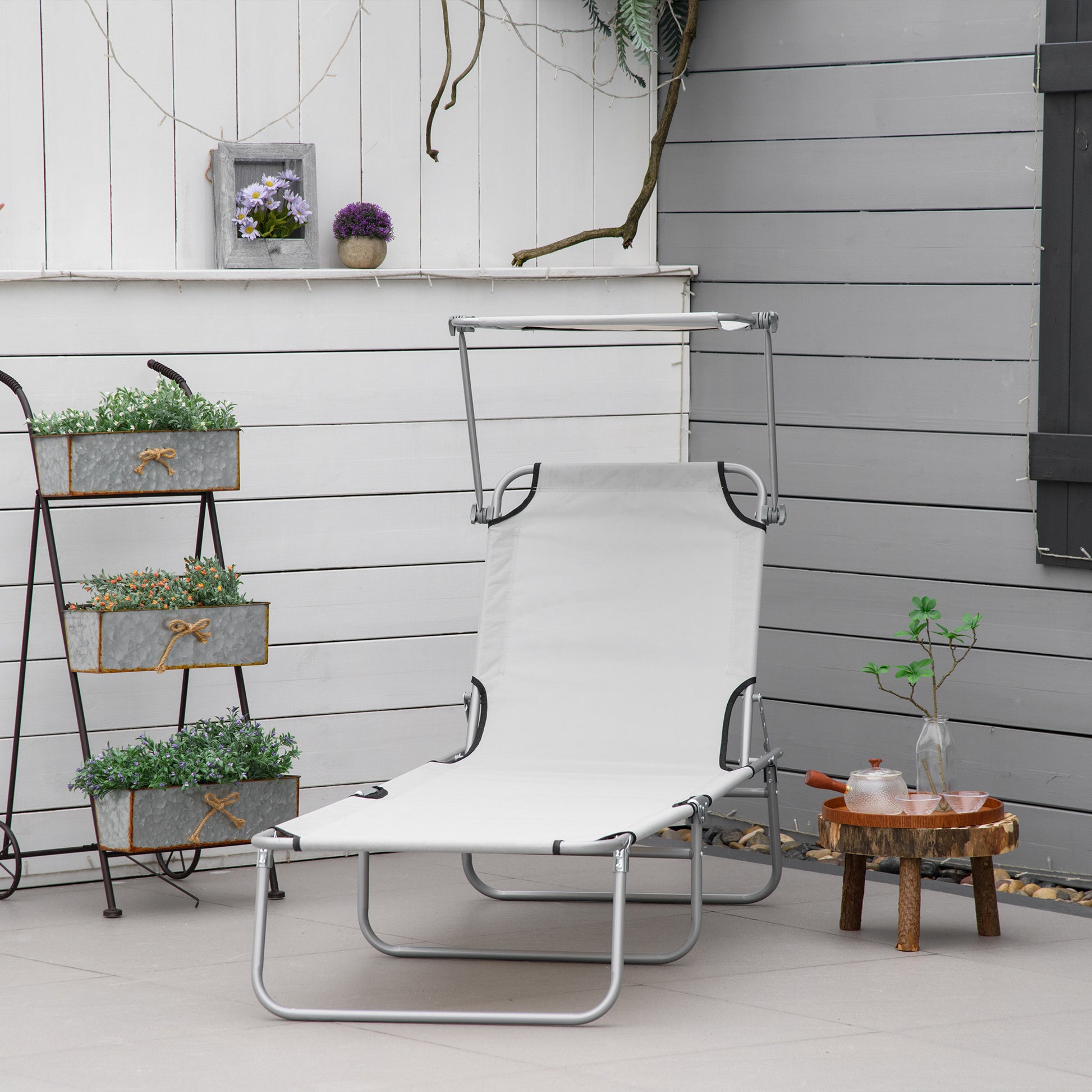 Outsunny Set De 2 Tumbonas De Jardín Plegables Con Toldo 187x58x36cm Gris Claro_1