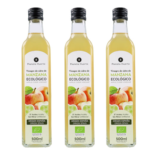 Embalagem de 3 vinagres de maçã não filtrados da Planeta Huerto, 500 ml.