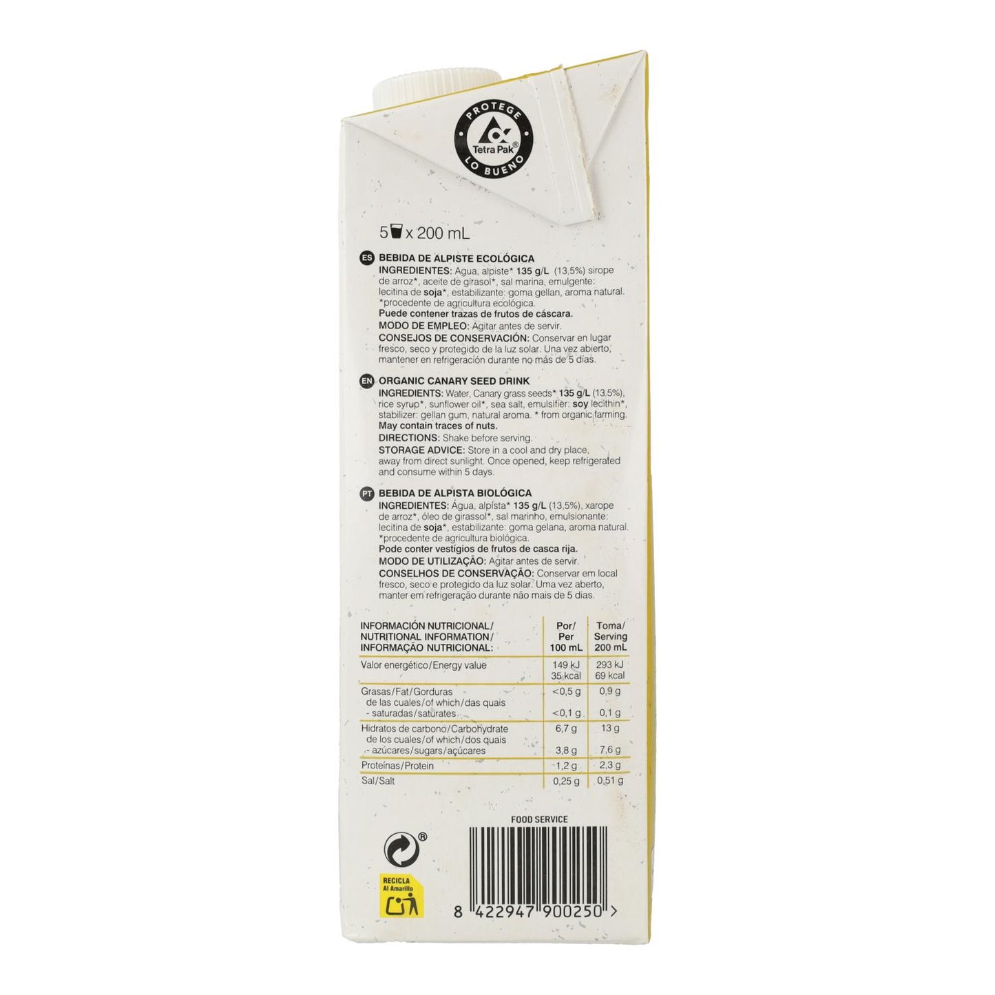 Embalagem 6L Bebida 100% vegetal de alpista Soria Natural 1L