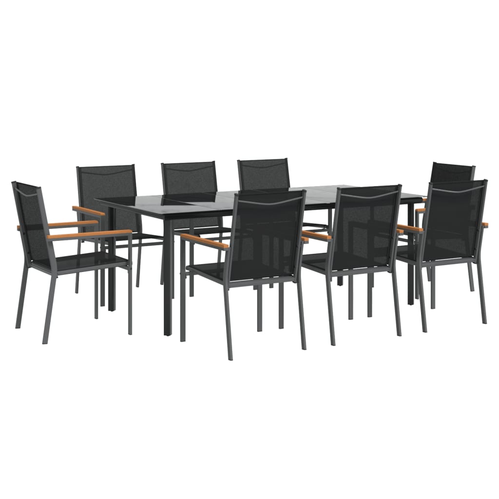 Juego De Comedor Para Jardín 9 Piezas Acero Y Textilene Negro / Vetonek_1