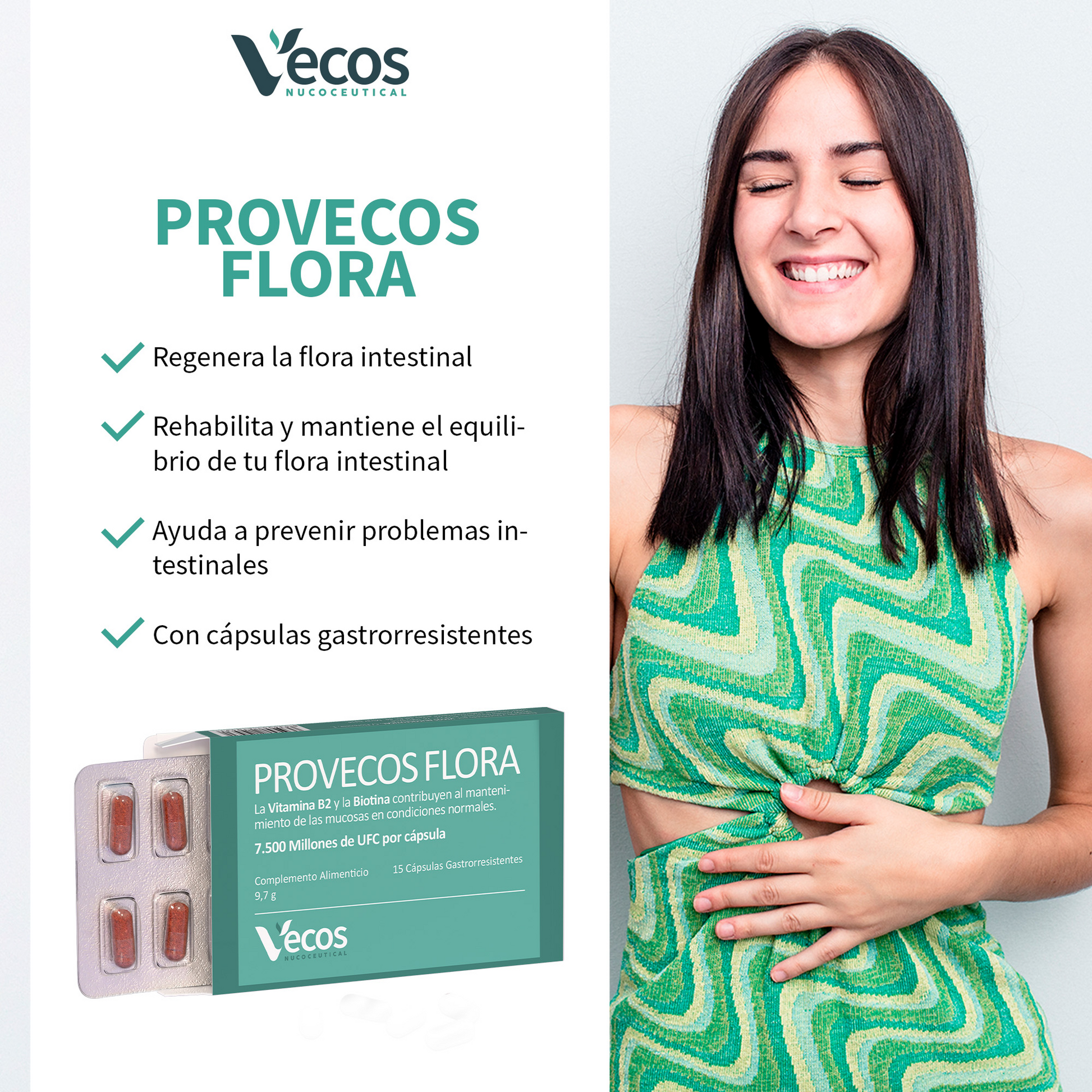 Provecos Flora VECOS (15 cápsulas) | Regenera flora intestinal | 3 cepas + FOS | Con Biotina + Vitamina B2_3