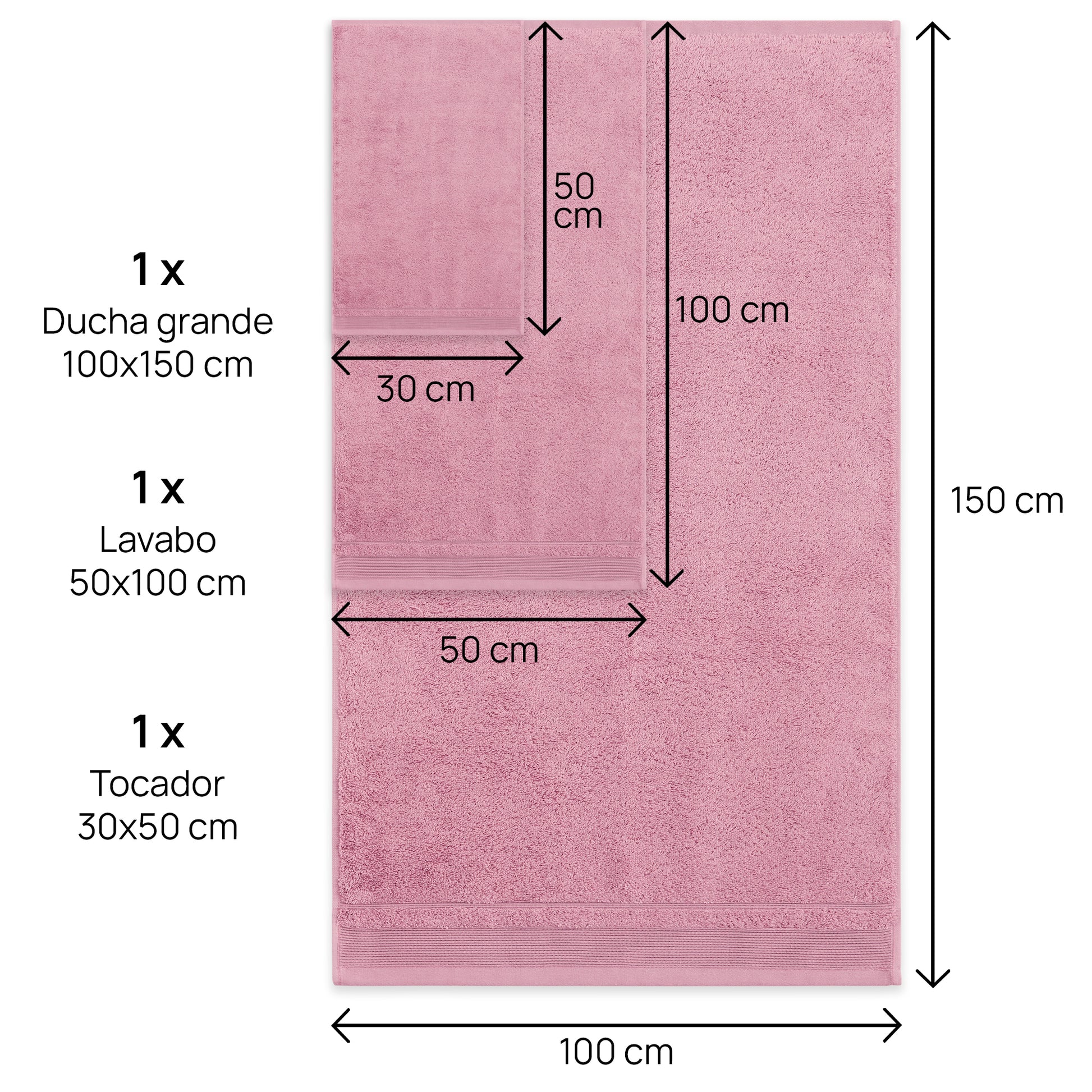 Juego De Toallas De Baño 3 Piezas: Tocador, Lavabo Y Sabana - 100% Algodón, 500 Gr Rosa_2