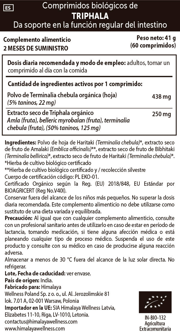 Triphala Biológico, Himalaias, 60 cápsulas