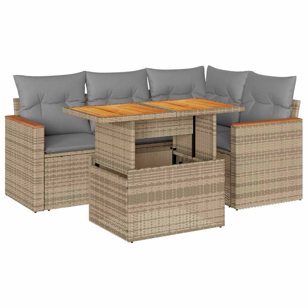 Set Sofás Jardín Y Cojines 5 Pzas Ratán Sintético Acacia Beige / Vetonek_0