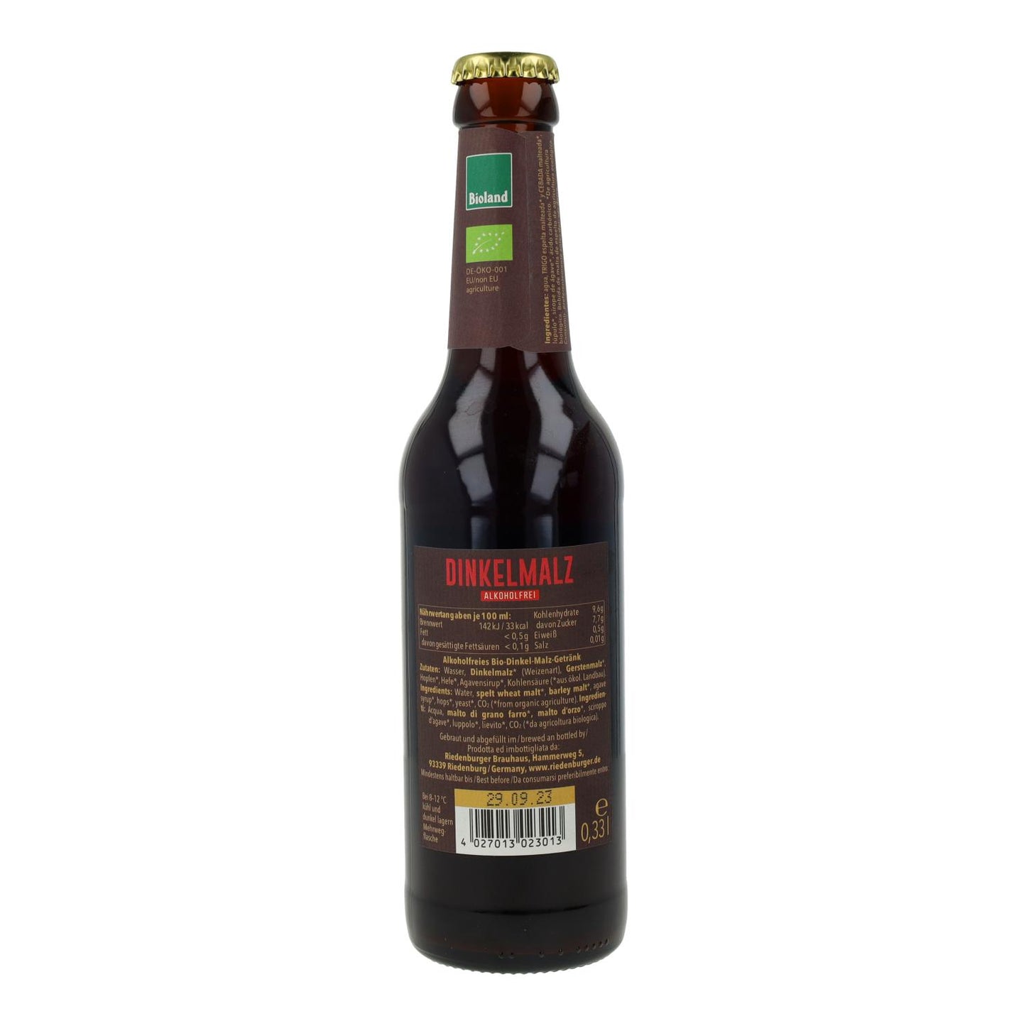 Cerveja Riedenburger Orgânica de Malte de Trigo Espelta sem Álcool 33cl